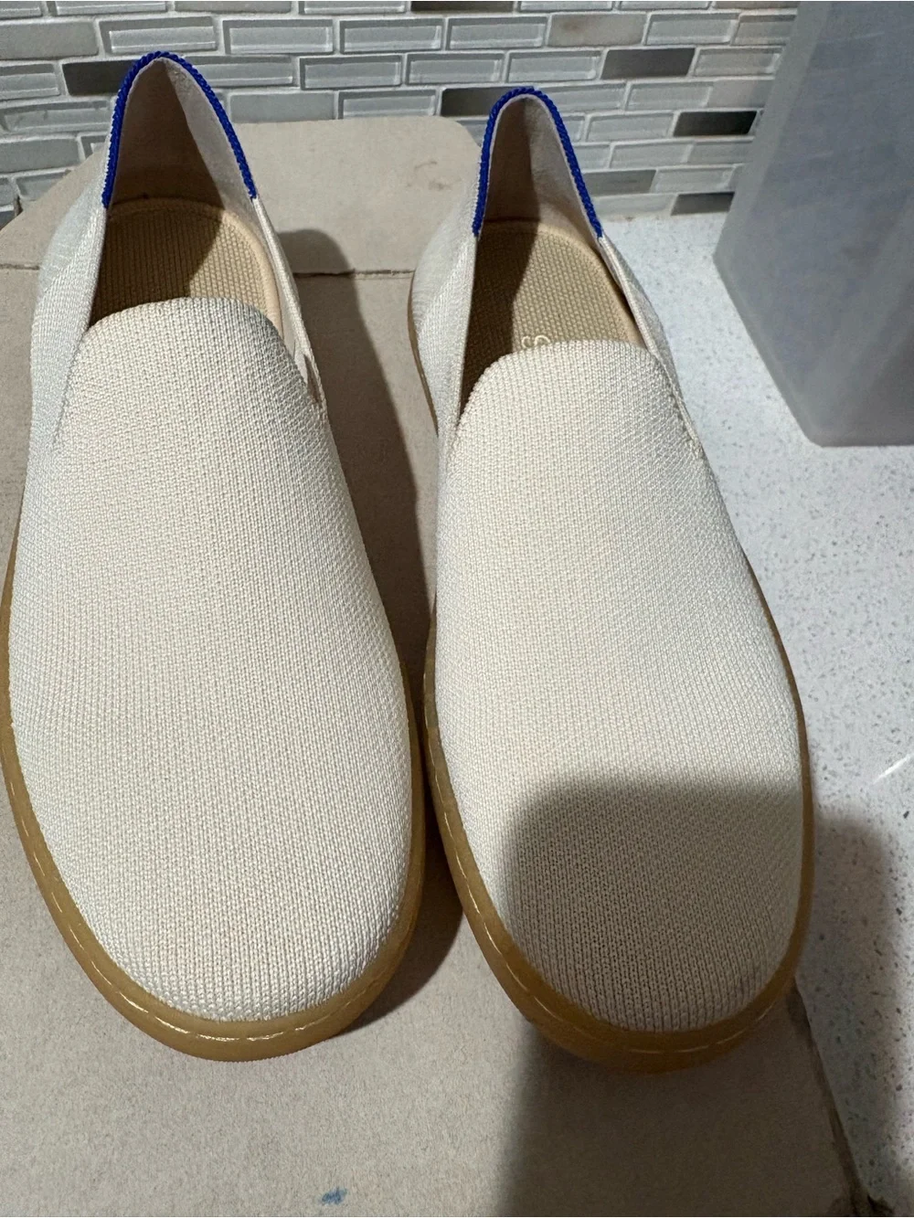 Rothy's Cream Espadrille Flats with Blue and Black Stripes
